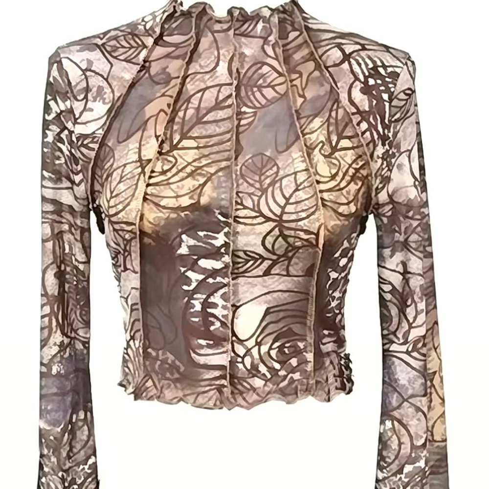 Elegant Semi-Sheer Long Flared Sleeves Mesh Top